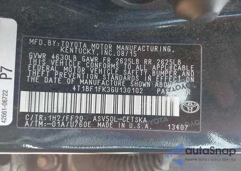 2016 Toyota Camry Se from USA, damaged, VIN 4T1BF1FK3GU130102